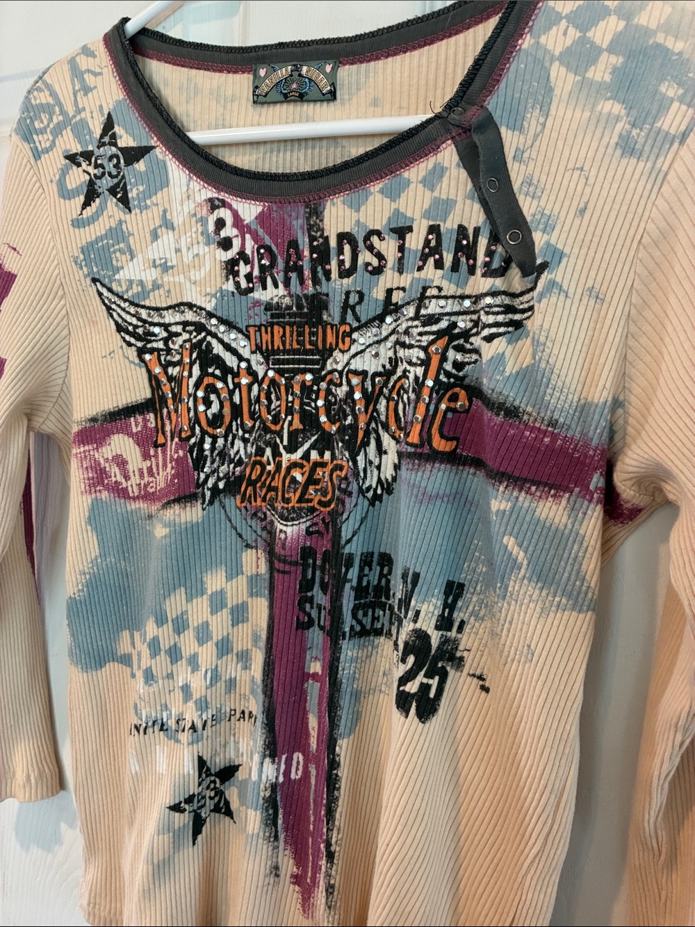 Vanilla Sugar Size Large  Cream Ribbed Motorcycle Graphic Top - Picture 2 of 13